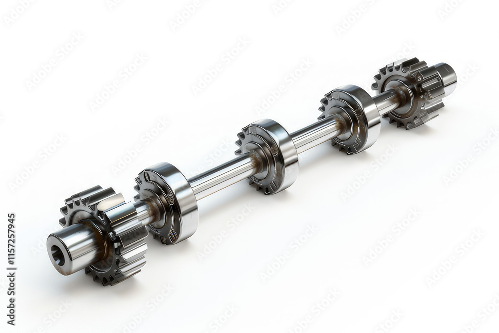 A metallic camshaft featuring gears, used in engine mechanics for timing control. isolated on white background A metallic camshaft featuring gears, used in engine mechanics for timing control. isolated on white background