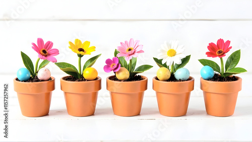 A delightful combination of natural elements like flowers and pastel eggs styled in small pots creates a fresh and inviting visual for easter campaigns or home decor concepts. Selective focus