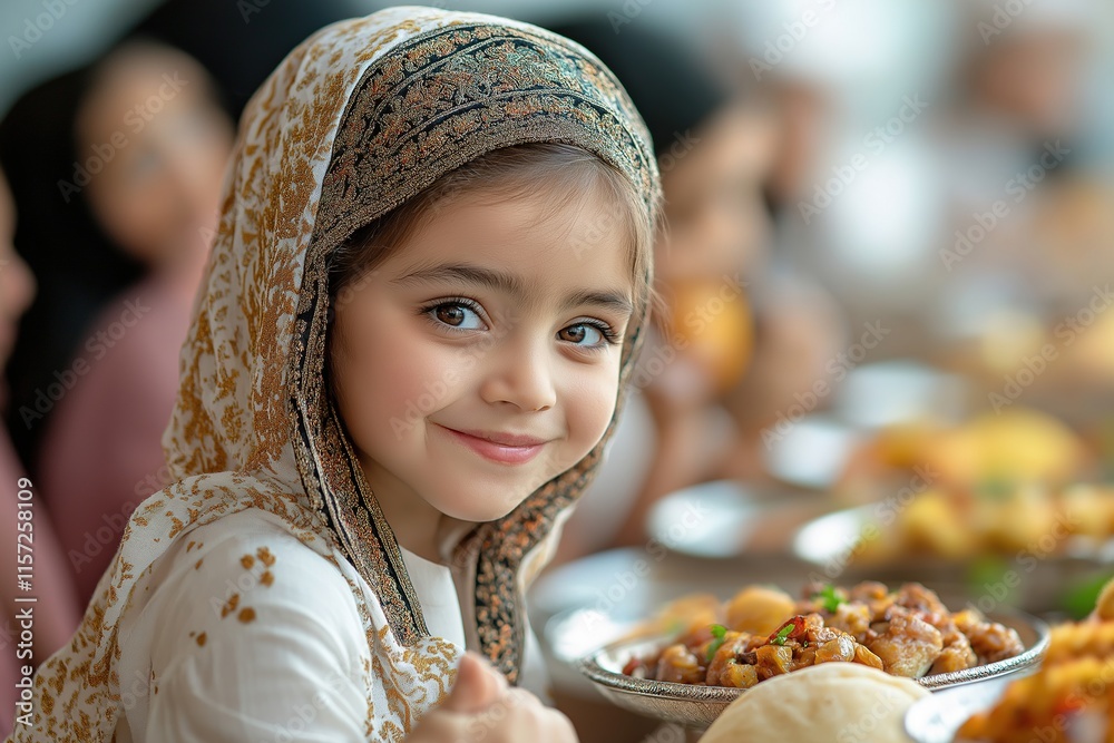 Naklejka premium Delicious traditional suhoor dishes enjoyed during Ramadan fasting with a smiling child