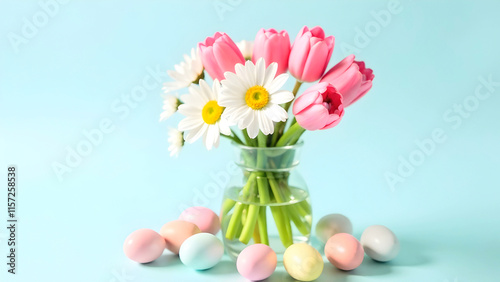 A delicate arrangement of pink tulips and white daisies in a clear vase paired with pastel easter eggs offers a charming visual for springtime celebrations or festive decor ideas. Selective focus photo