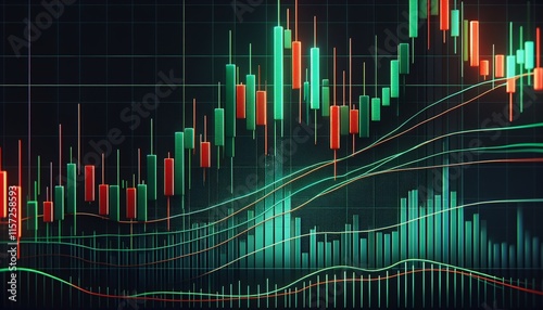 This image shows a detailed financial chart with candlestick patterns, volume bars and moving averages. The vibrant colors and intricate data make it a valuable tool for analyzing market trends and ma