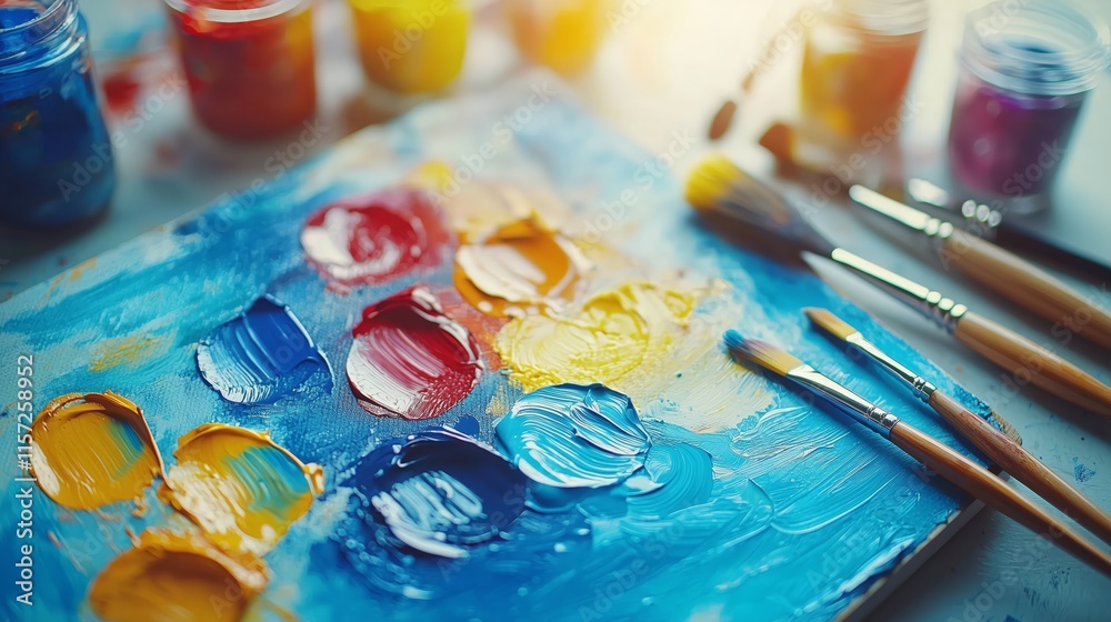 Colorful Palette with Paints and Brushes on Artistic Workspace Colorful Palette with Paints and Brushes on Artistic Workspace