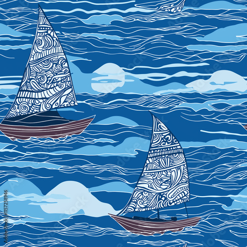 Colorful pattern featuring whimsical sailboats on a blue ocean backdrop with waves and clouds. photo