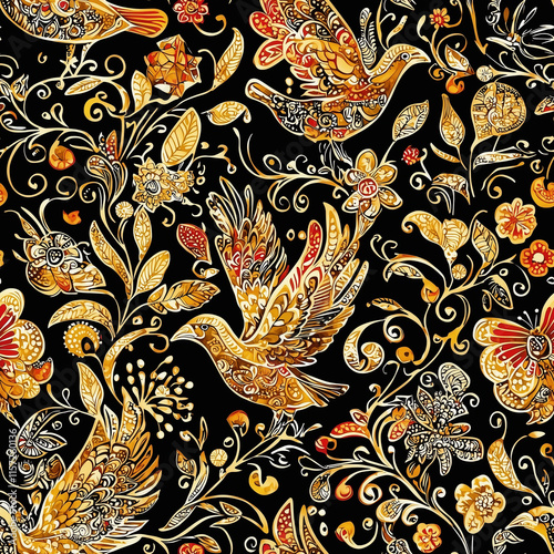 Batik seamless pattern design featuring vibrant birds and floral motifs textiles from indonesia artisanal craftsmanship in a rich textile environment photo