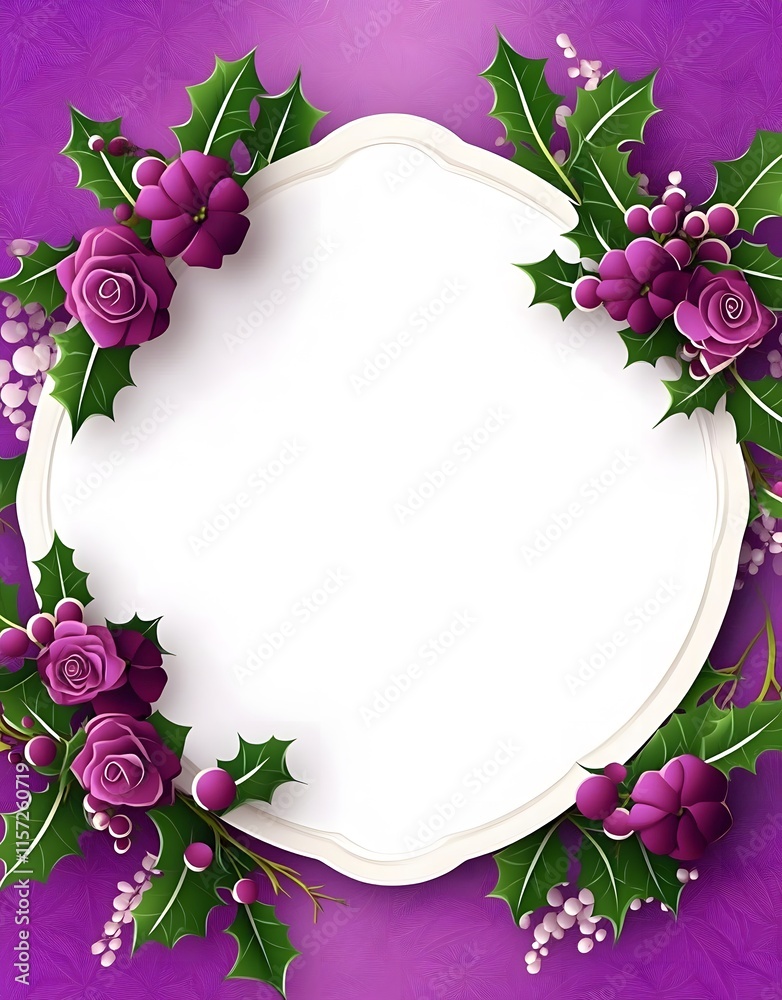 A decorative frame featuring purple roses and green foliage on a purple background.