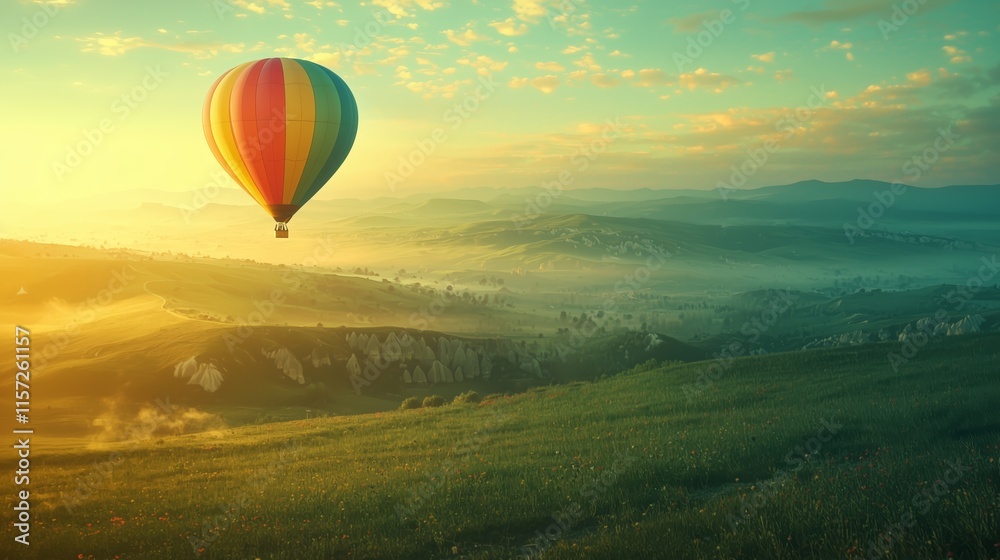 Fototapeta premium Colorful Hot Air Balloon Over Serene Landscape at Sunrise