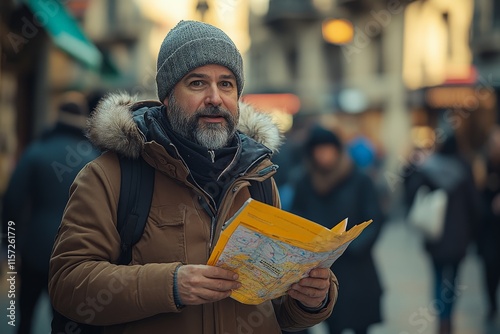A bearded man dressed warmly in a beanie and coat holds a map, exploring a busy urban area, capturing the spirit of adventure and curiosity in cold weather.