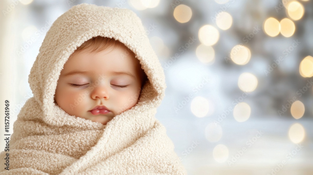 Adorable baby wrapped in soft blanket with closed eyes against blurred festive background Adorable baby wrapped in soft blanket with closed eyes against blurred festive background
