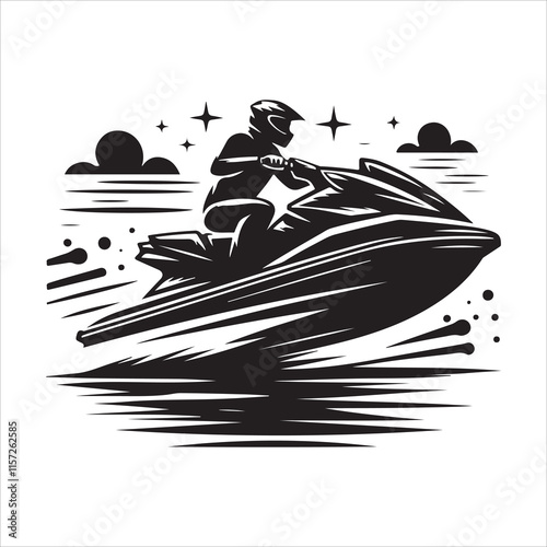 Jet ski silhouette vector. A person riding a jet ski vector. Jet ski silhouette illustration