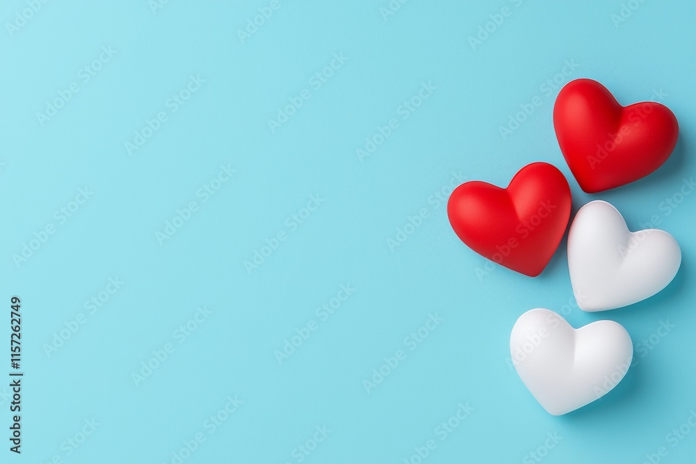 A background for Valentine's Day showcasing white and red hearts on a soft blue background. The concept is for Valentine's Day, with a flat lay, overhead view, and space for copy. A background for Valentine's Day showcasing white and red hearts on a soft blue background. The concept is for Valentine's Day, with a flat lay, overhead view, and space for copy.