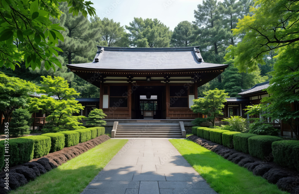 Traditional Japanese Buddhist temple in tranquil garden. Symmetrical design with well-maintained green hedges, pathway leading to entrance. Wooden architecture with dark roof. Peaceful, serene Traditional Japanese Buddhist temple in tranquil garden. Symmetrical design with well-maintained green hedges, pathway leading to entrance. Wooden architecture with dark roof. Peaceful, serene