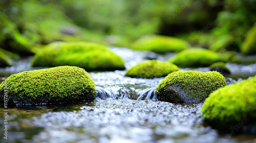 Tranquil Stream Flowing Over Lush Green Moss-Covered Rocks in a Serene Natural Setting Tranquil Stream Flowing Over Lush Green Moss-Covered Rocks in a Serene Natural Setting
