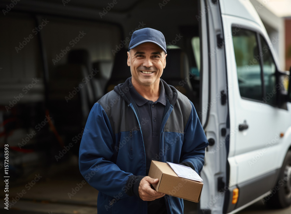 Parcel delivery man in the background of a car, ready to go, representing fast receipt of orders. Parcel delivery man in the background of a car, ready to go, representing fast receipt of orders.