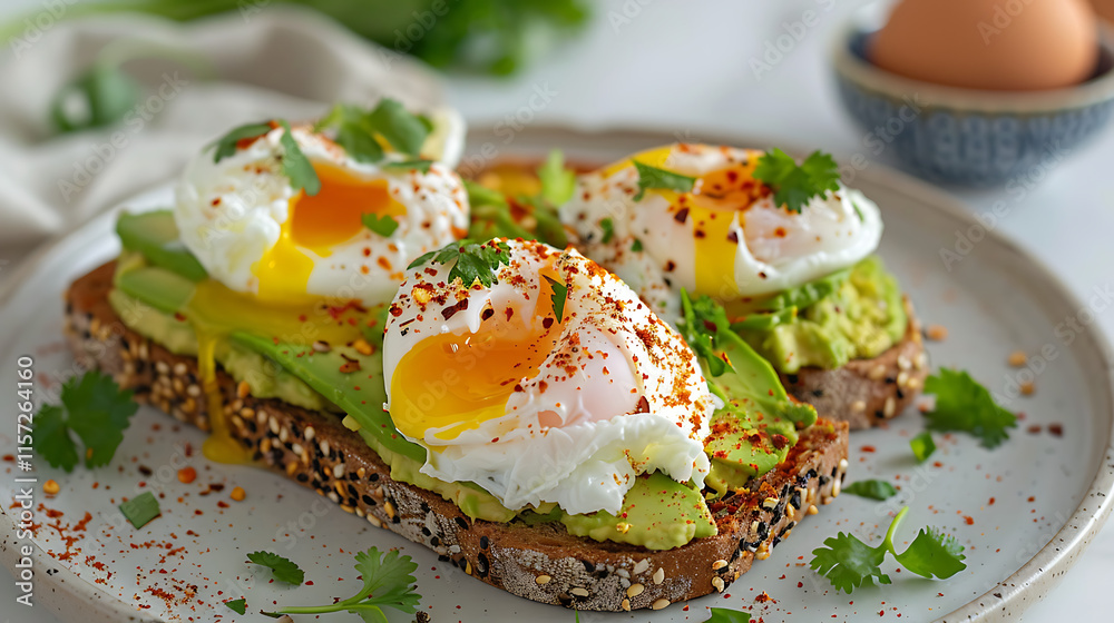 A fresh avocado toast topping with eggs A fresh avocado toast topping with eggs