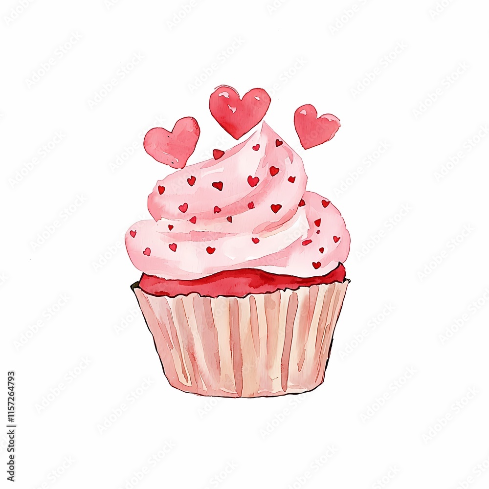 Watercolor Valentine dessert. Cute cupcake topped with pink frosting, hearts, and sprinkles, perfect for celebrations or sweet treats. Watercolor Valentine dessert. Cute cupcake topped with pink frosting, hearts, and sprinkles, perfect for celebrations or sweet treats.