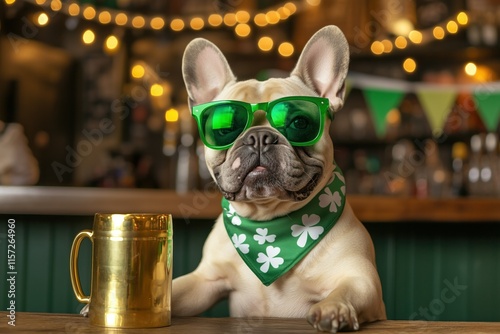 French bulldog celebrating saint patrick's day at the pub
