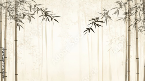 Elegant atmosphere, Chinese-style illustration with a bamboo forest background, light beige color tone, simple lines, vector art, bamboo leaves and buds, ink painting effect, high-definition resolutio photo