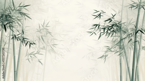 Elegant atmosphere, Chinese-style illustration with a bamboo forest background, light beige color tone, simple lines, vector art, bamboo leaves and buds, ink painting effect, high-definition resolutio photo