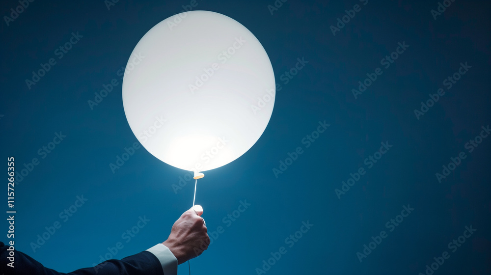 Businessman Presenting White Light Balloon on Blue Background, Conveying Hope and Innovation in Business Concept. Businessman Presenting White Light Balloon on Blue Background, Conveying Hope and Innovation in Business Concept.