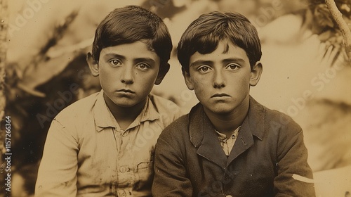 Old photograph of two young dark-haired, suntanned, Texas, brown-eyed boys about ages 7 and 8 playing photo