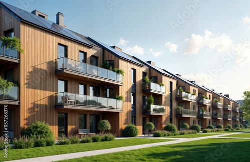 Eco-friendly modern multifamily homes with solar panels. The buildings have wooden siding and balconies. Gardens and lawns are well-maintained. The photo shows a sunny day with a clear sky. photo