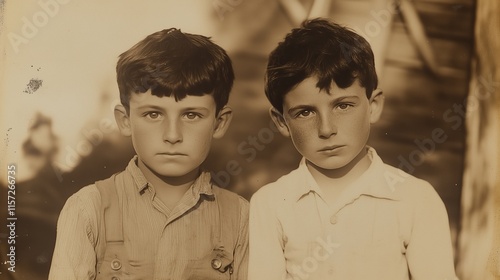 Old photograph of two young dark-haired, suntanned, Texas, brown-eyed boys about ages 7 and 8 playing photo