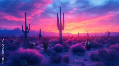 Vibrant sunset over a desert landscape with saguaro cacti and purple shrubs.