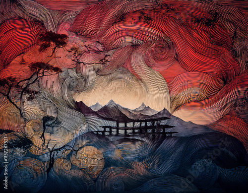 日本の伝統的なしめ縄の輪郭を取り囲むように、曲線と点描がゆるやかに広がり、背景全体を埋め尽くした幾何学模様が浮遊するような配置のデザイン	