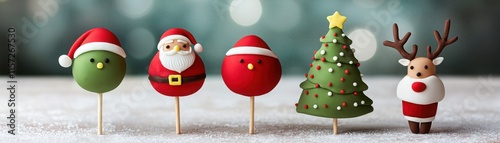 Festive cake pops and decorations featuring Santa, a Christmas tree, and a reindeer create a cheerful holiday display.