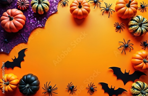 Halloween decorations arranged on orange background. Pumpkins, spiders, bats, violet sequins form festive composition. Perfect for Halloween cards, posters autumnal design project. Top view creative photo