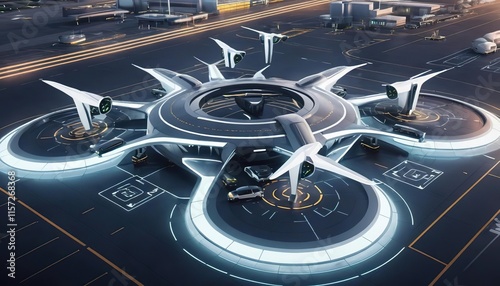 Futuristic air taxi station with autonomous vehicles and drones. photo