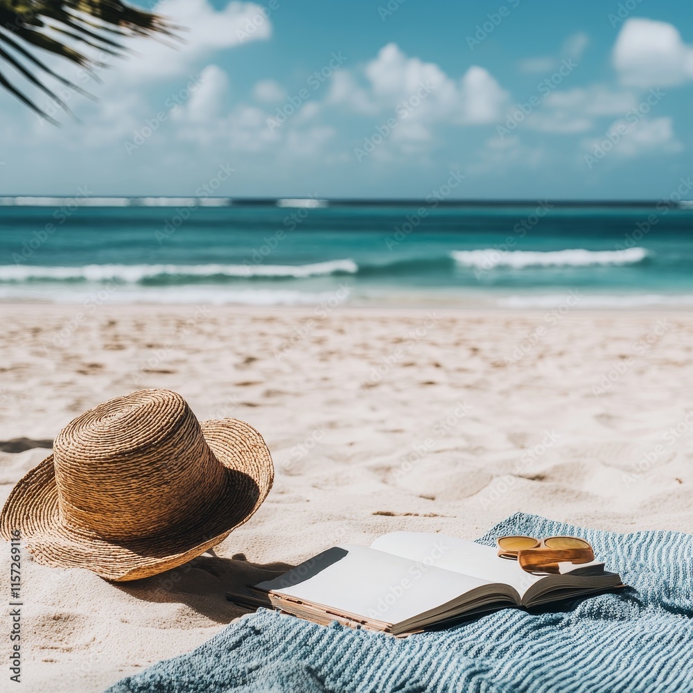 Relaxing Beach Setting With a Straw Hat, Open Book, and Sunglasses on a Sunny Day by the Ocean Relaxing Beach Setting With a Straw Hat, Open Book, and Sunglasses on a Sunny Day by the Ocean