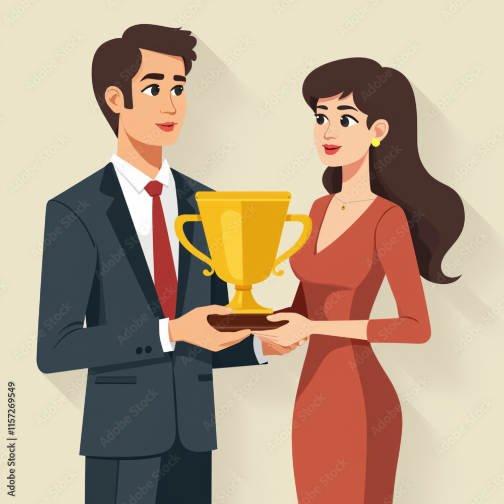 Businessman and businesswoman with golden cup. Success idea. vector illustration. Businessman and businesswoman with golden cup. Success idea. vector illustration.