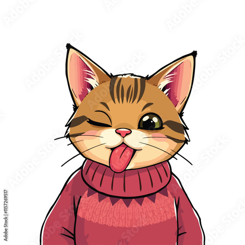 Cute funny cat in sweater, licking food from muzzle with tongue. Comic adorable kawaii feline pet, humor kitty sitting in clothing, eating. Flat vector illustration isolated on white