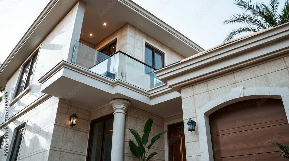 Fototapeta premium Exterior View of a Multi-Story House with Balcony and Garage