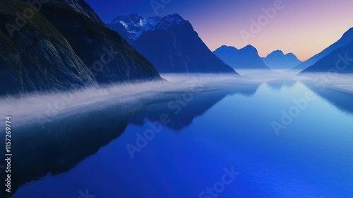 Serene Mountain Lake at Dawn with Mist Over Calm Waters and Reflection of Hills in Blue Tones