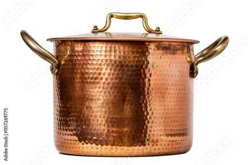 A polished copper cooking pot with a lid and handles, ideal for culinary use. isolated on white background