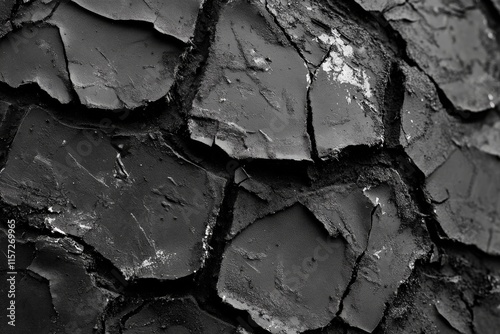 This image presents a close-up view of cracked dark earth, featuring rugged textures and patterns, symbolizing toughness and the harshness of the environment.