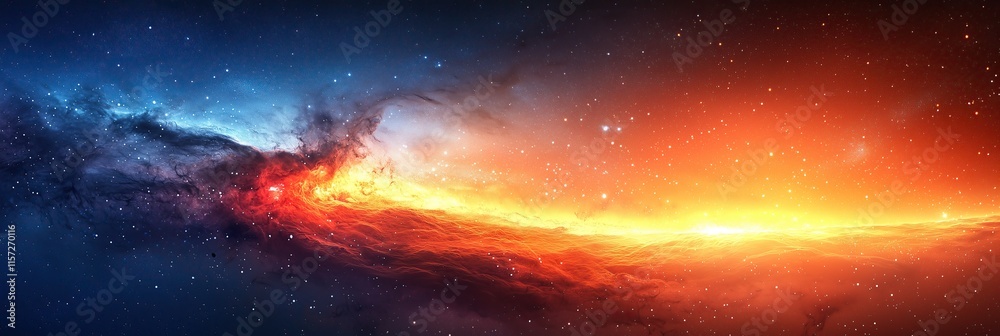 Fototapeta premium Cosmic landscape fiery nebula meets cool blue starscape breathtaking celestial panorama