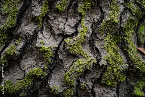 A close-up view of tree bark covered in green moss, emphasizing texture and natural patterns, capturing the essence of nature's resilience and aged beauty. photo