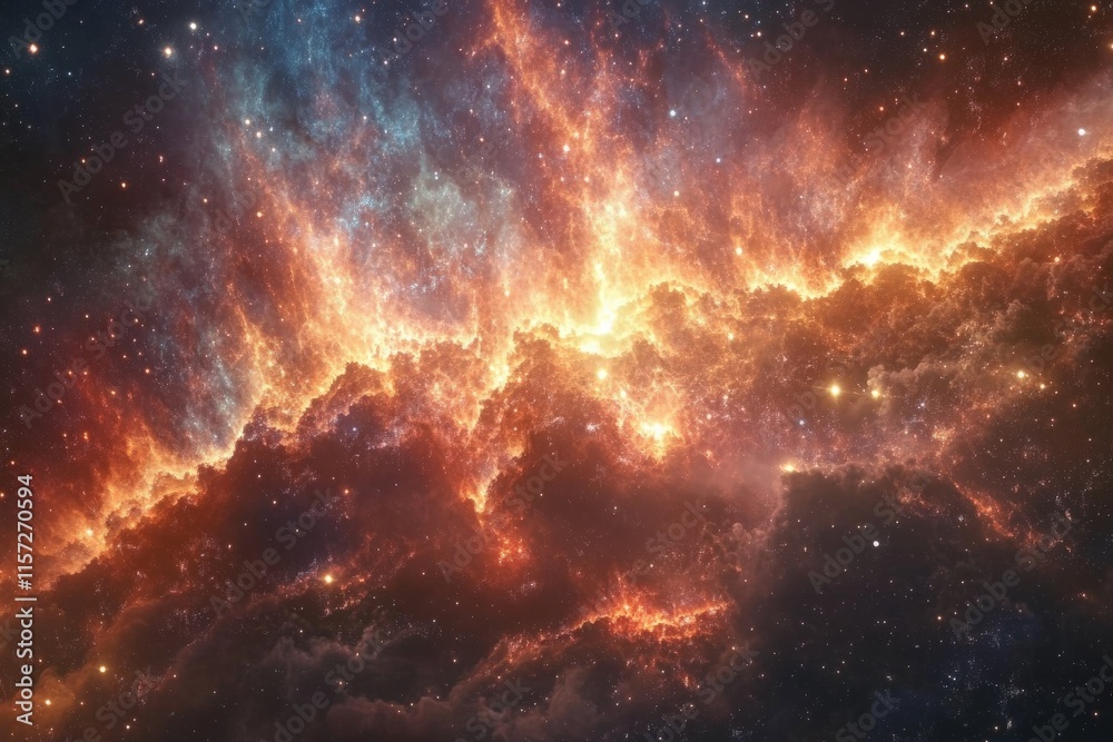 Obraz premium A breathtaking cosmic formation displaying a vivid nebula, swirling in a palette of fiery oranges and deep blues, lighting up the vast, starry universe around.