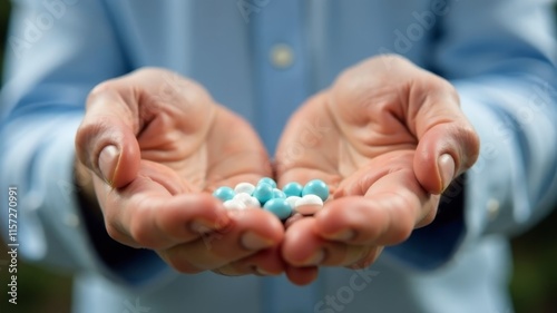 male hands holding a handful of different pills