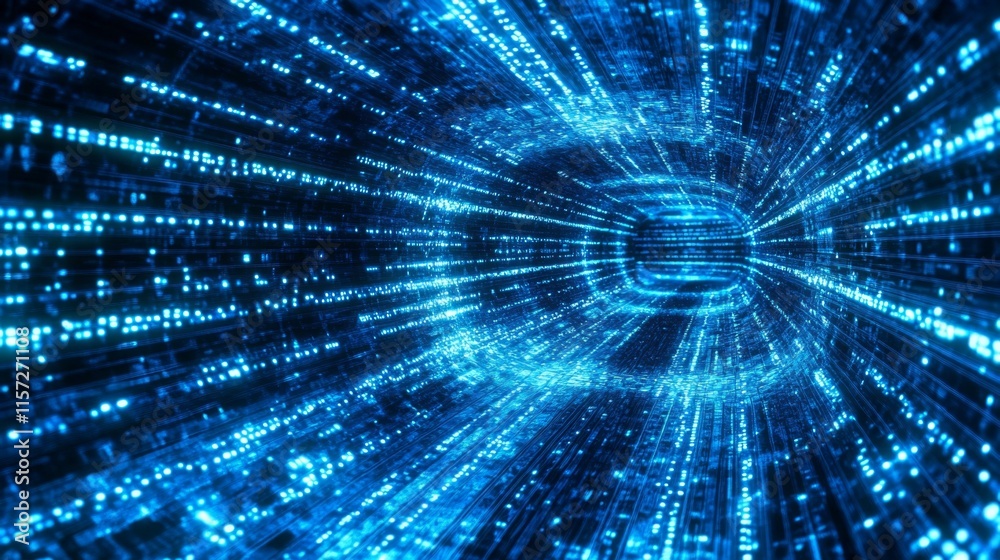 Futuristic tunnel-like structure dark blue color tunnel appears digital metropolis binary Futuristic tunnel-like structure dark blue color tunnel appears digital metropolis binary