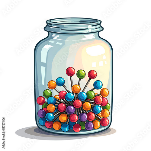 Vibrant glass jar filled with colorful decorative pins and craft supplies, digital art of still life concept. photo