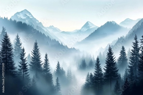 Landscape photograph mountain range covered fog sky pale Serene misty