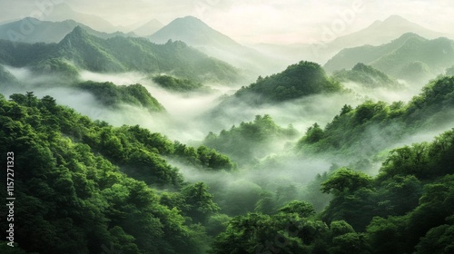 Landscape photograph dense forested area mountains background trees enchanting woodland sanctuary lush