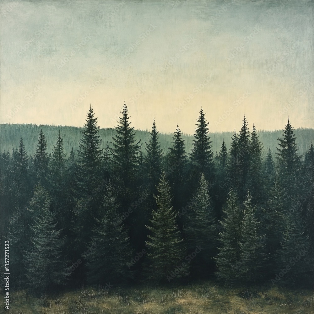 Dense Evergreen Forest at Dusk With Soft Hues Illuminating the Sky Dense Evergreen Forest at Dusk With Soft Hues Illuminating the Sky