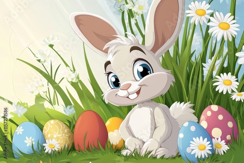 A cheerful and joyful cartoon bunny is surrounded by an array of colorful Easter eggs, happily celebrating the delightful festivities of Easter in a vibrant, blooming garden under a bright, sunny sky