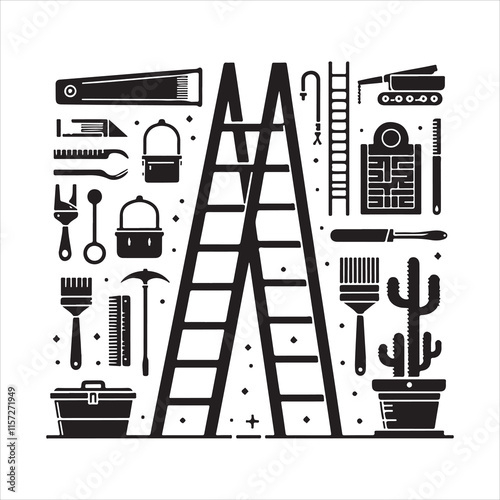 Ladder icon vector. Different types of stepladders vector. Silhouette of metal ladders. 