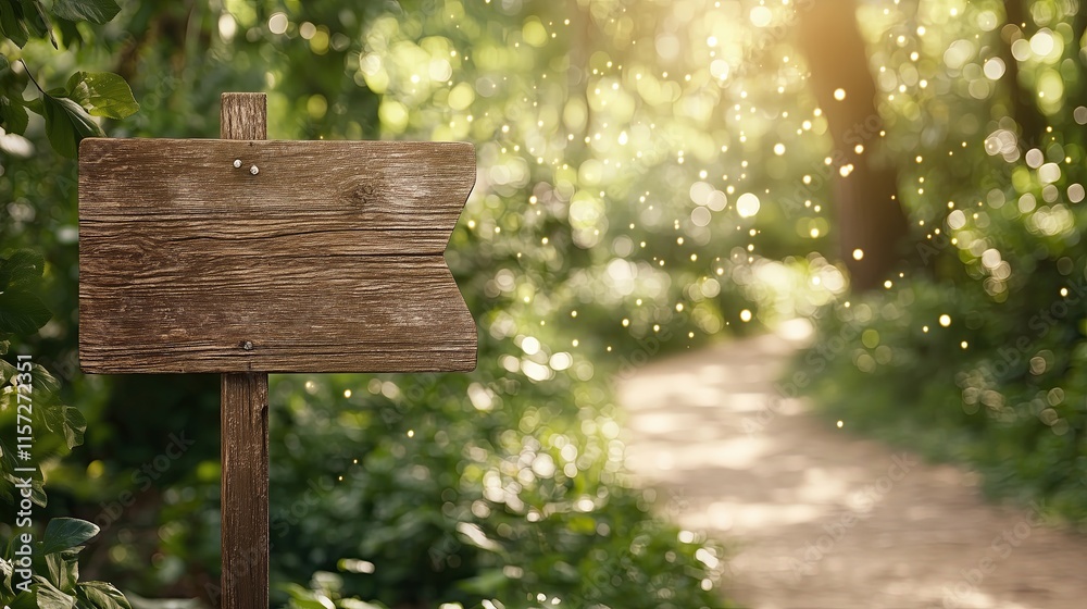 Fototapeta premium A wooden signpost marking trails along a vibrant sunlit path, blending perfectly with the natural forest environment